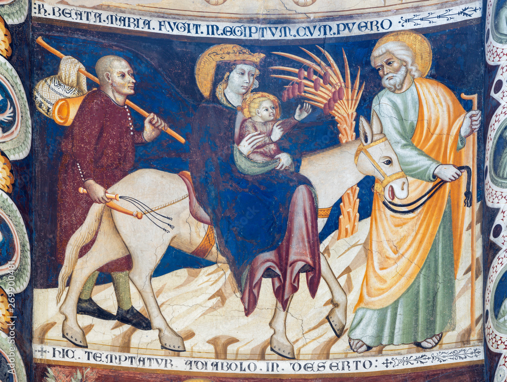 COMO, ITALY - MAY 9, 2015: The old fresco of flight to Egypt in church Basilica di San Abbondio by unknown artist 