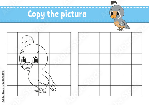 Copy the picture. Coloring book pages for kids. Education developing worksheet. Game for children. Handwriting practice. Funny character. Cute cartoon vector illustration.