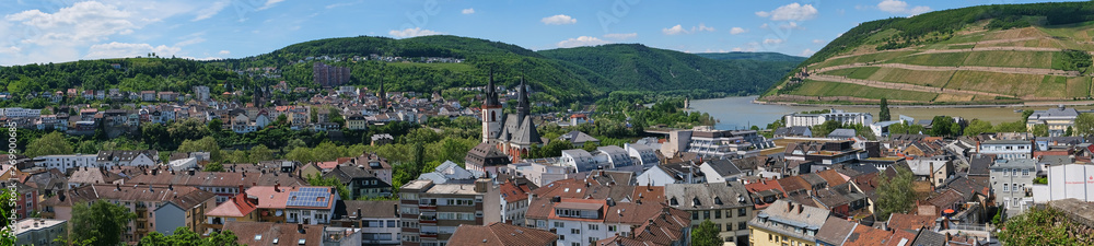 city panorama color picture of Bingen beside the river rhine with view to St Martin Basilica