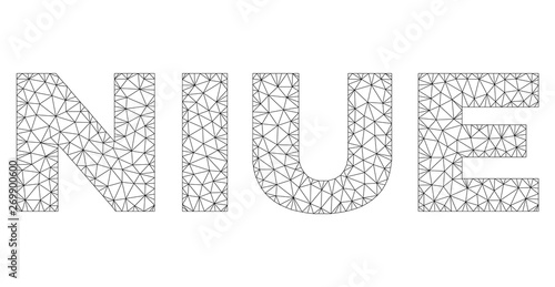 Mesh vector NIUE text caption. Abstract lines and spheric points are organized into NIUE black carcass symbols. Wire carcass 2D triangular mesh in vector EPS format.