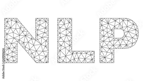 Mesh vector NLP text. Abstract lines and points are organized into NLP black carcass symbols. Linear frame 2D triangular mesh in vector EPS format.