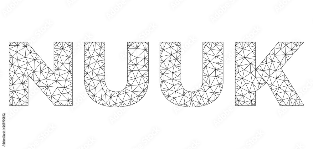 Mesh vector NUUK text. Abstract lines and dots form NUUK black carcass symbols. Wire carcass flat triangular mesh in vector format. Mesh vector NUUK text. Abstract lines and dots form NUUK black carcass symbols. Wire carcass flat triangular mesh in vector format.