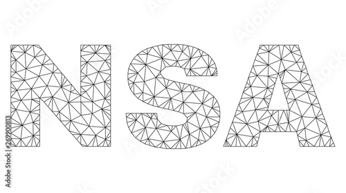 Mesh vector NSA text label. Abstract lines and spheric points are organized into NSA black carcass symbols. Wire carcass flat triangular mesh in eps vector format.