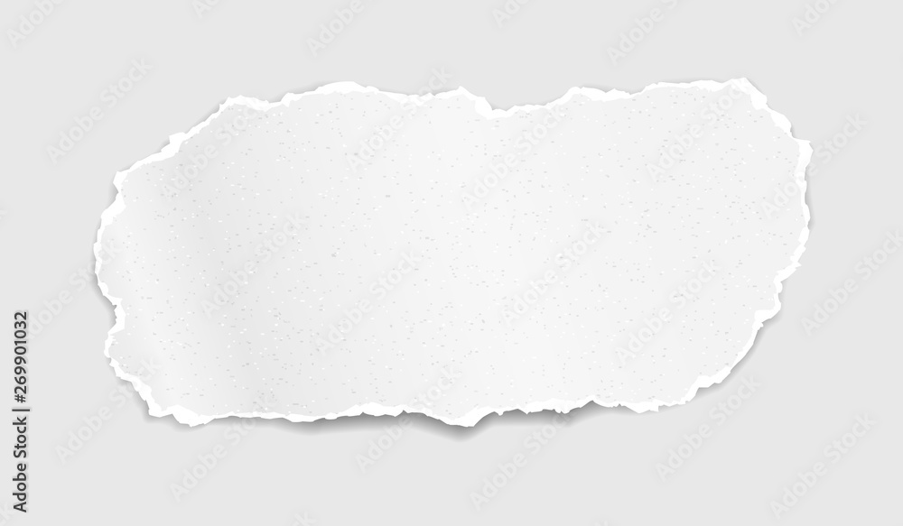 Piece of torn, ripped grainy white paper strip with soft shadow is on white background. Vector template illustration Piece of torn, ripped grainy white paper strip with soft shadow is on white background. Vector template illustration