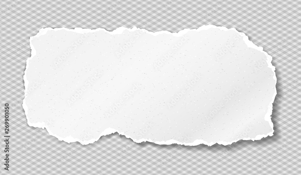 Piece of torn, ripped grainy white paper strip with soft shadow is on squared background. Vector template illustration Piece of torn, ripped grainy white paper strip with soft shadow is on squared background. Vector template illustration