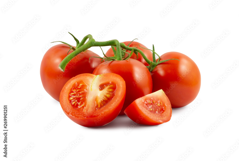 The branch of tomatoes is isolated on a white background The branch of tomatoes is isolated on a white background