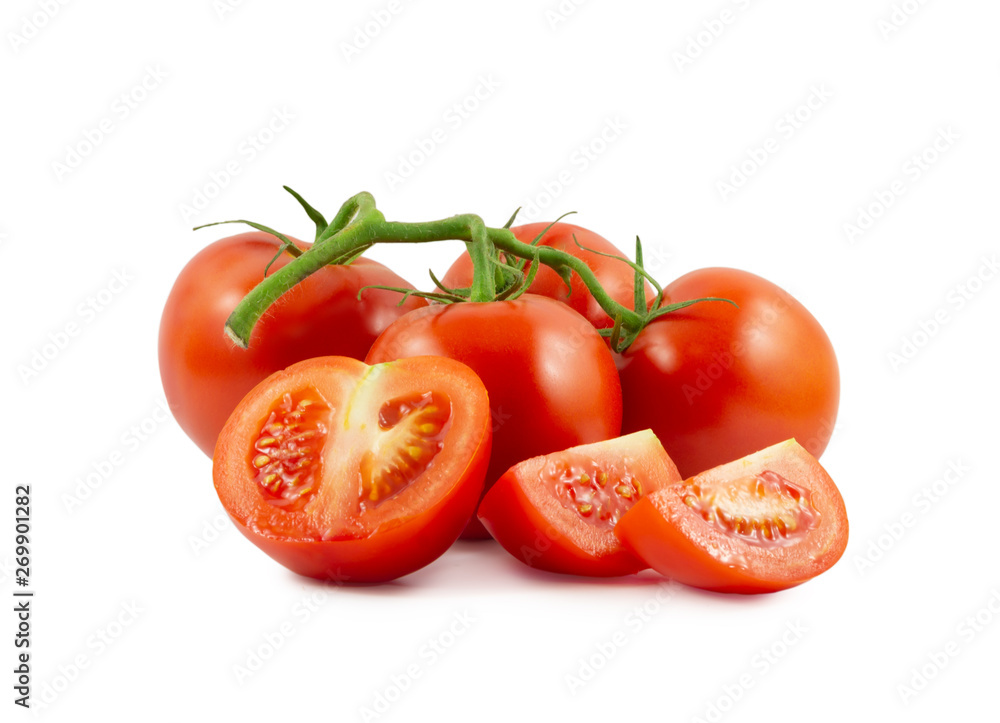 The branch of tomatoes is isolated on a white background The branch of tomatoes is isolated on a white background