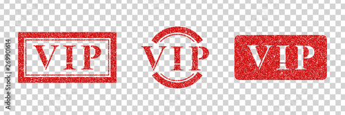 Vector set of realistic isolated red rubber stamp of VIP logo for template decoration on the transparent background. Concept of rating and feedback.