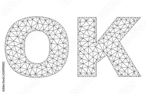 Mesh vector OK text. Abstract lines and circle dots form OK black carcass symbols. Wire carcass flat polygonal mesh in vector format.