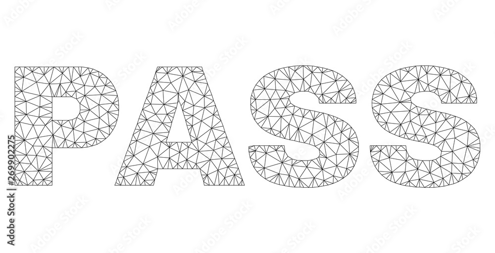 Mesh vector PASS text. Abstract lines and circle dots are organized into PASS black carcass symbols. Linear carcass flat polygonal mesh in vector EPS format.