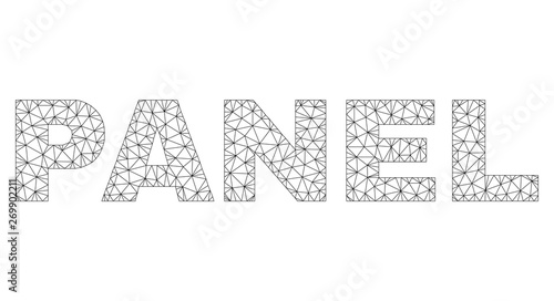 Mesh vector PANEL text. Abstract lines and circle dots form PANEL black carcass symbols. Wire carcass 2D polygonal mesh in vector format.