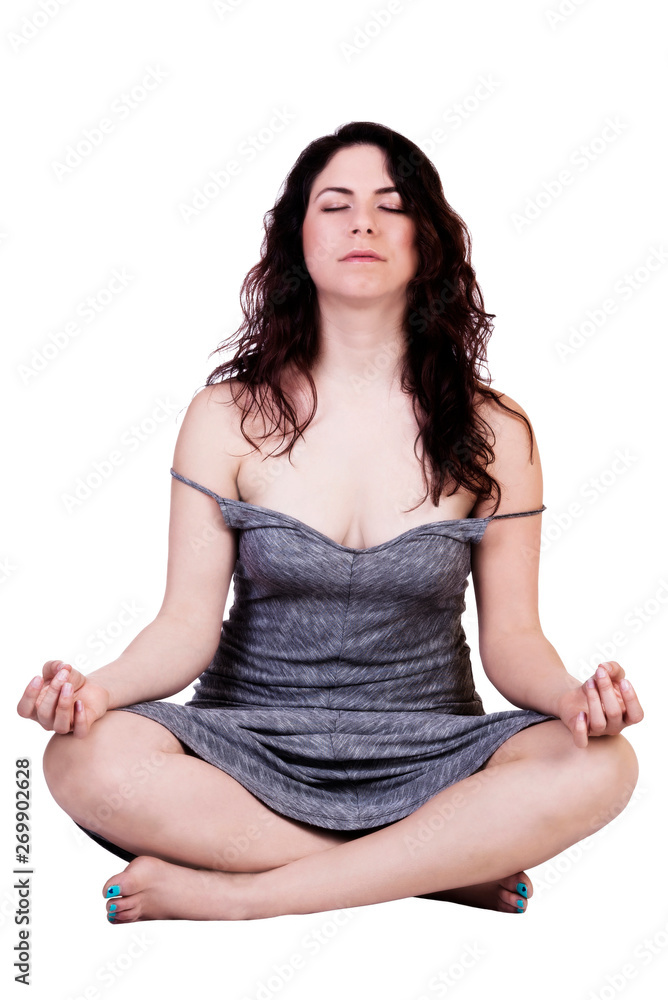 Young Caucasian Woman Sitting In Contemplation Gray Dress Young Caucasian Woman Sitting In Contemplation Gray Dress