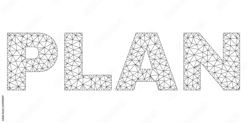 Mesh vector PLAN text. Abstract lines and dots are organized into PLAN black carcass symbols. Linear carcass flat polygonal mesh in eps vector format.