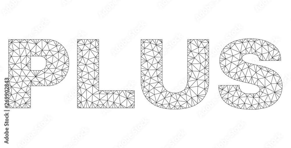 Mesh vector PLUS text. Abstract lines and small circles form PLUS black carcass symbols. Linear frame flat polygonal mesh in vector format.
