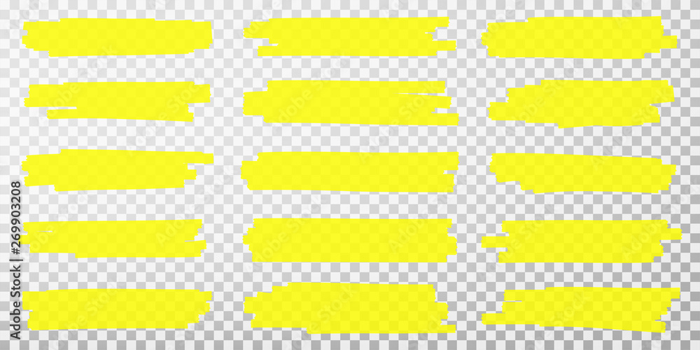 Highlighter lines. Hand drawn yellow highlighter marker strokes. Set of transparent fluorescent