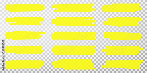 Highlighter lines. Hand drawn yellow highlighter marker strokes. Set of transparent fluorescent highlighter markers photo