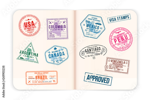 Realistic passport pages with visa stamps. Opened foreign passport with custom visa stamps. Travel concept
