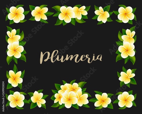 Tropical hawaiian frame with jungle exotic flowers and yellow blooms