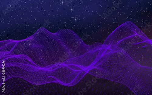 Abstract ultraviolet landscape on a dark background. Purple cyberspace grid. hi tech network. Outer space. Violet starry outer space texture. 3D illustration