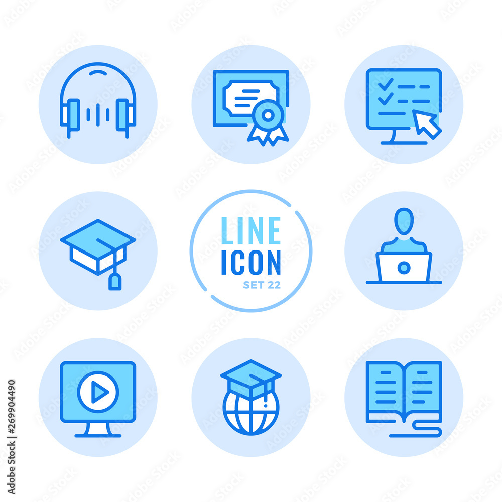 Online education vector line icons set. Book, computer, graduation hat ...