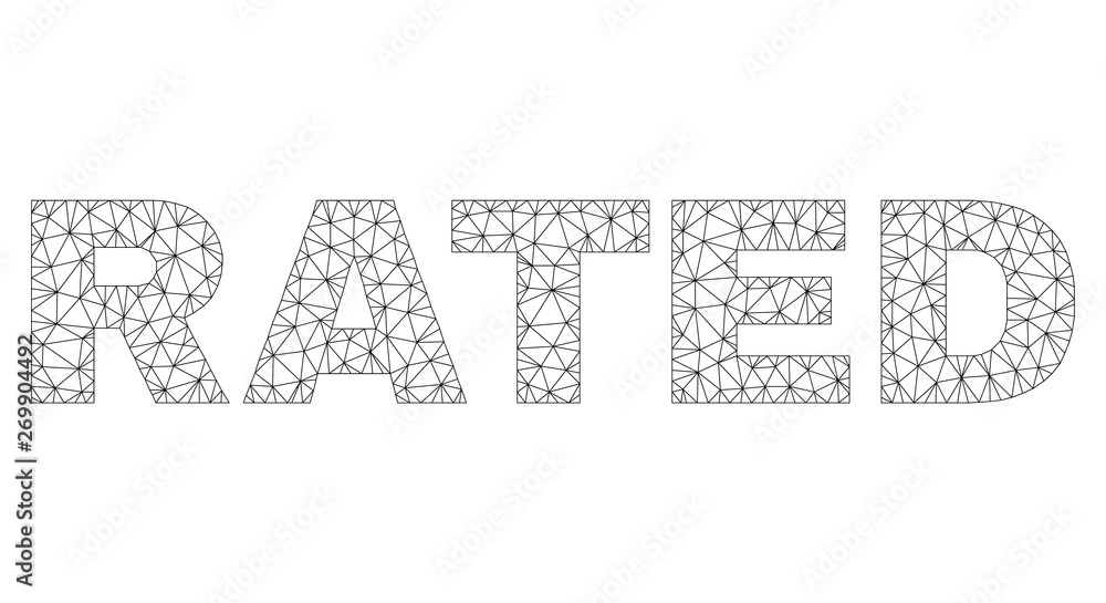 Mesh vector RATED text label. Abstract lines and small circles form RATED black carcass symbols. Linear carcass flat polygonal mesh in vector EPS format.