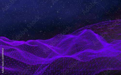 Abstract ultraviolet landscape on a dark background. Purple cyberspace grid. hi tech network. Outer space. Violet starry outer space texture. 3D illustration © Plastic man