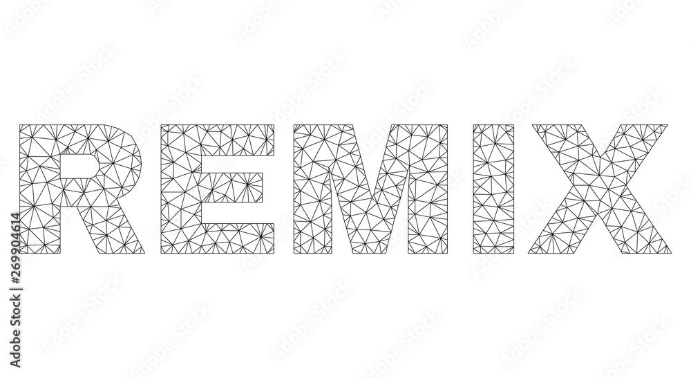 Mesh vector REMIX text. Abstract lines and dots form REMIX black carcass symbols. Wire carcass flat polygonal network in vector format. Mesh vector REMIX text. Abstract lines and dots form REMIX black carcass symbols. Wire carcass flat polygonal network in vector format.