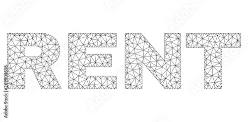 Mesh vector RENT text. Abstract lines and spheric points are organized into RENT black carcass symbols. Wire carcass 2D triangular network in vector format.