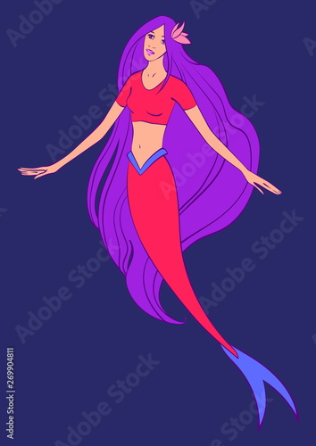 Beautiful mermaid with flower in flowing hair. Vector cartoon magic young girl undersea illustration, fantastic creature isolated on blue background