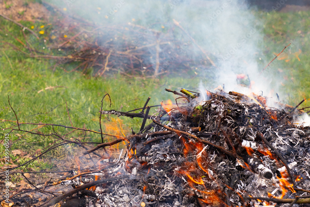 A large pile of burning branches and leaves with smoke. A large pile of burning branches and leaves with smoke.