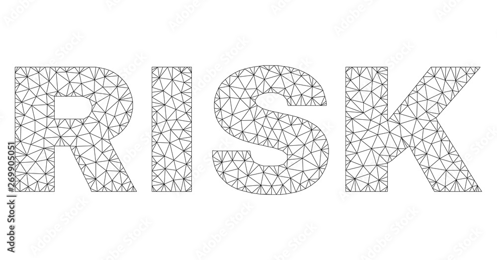 Mesh vector RISK text. Abstract lines and points are organized into RISK black carcass symbols. Linear carcass 2D triangular mesh in vector format.