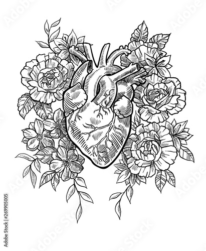 Anatomical heart in flowers in graphic style