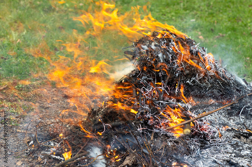 Obraz na płótnie A large pile of burning branches and leaves with smoke. w salonie