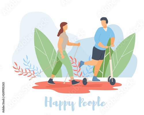 Modern cartoon flat characters doing summer sport activity,landing page,sales banner flyer poster,web online concept of healthy lifestyle design.Cartoon man riding on scooter,girl do nordic walking