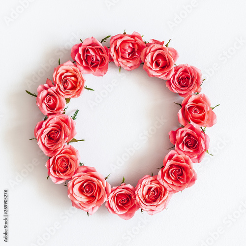 Flowers composition. Rose flowers on pastel gray background. Flat lay  top view  copy space