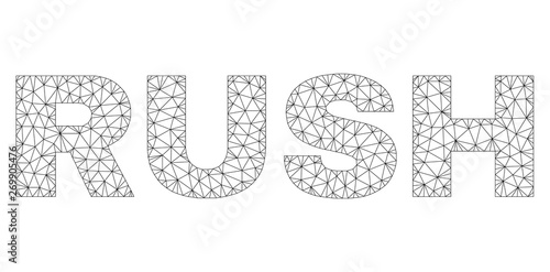 Mesh vector RUSH text. Abstract lines and small circles form RUSH black carcass symbols. Wire carcass 2D polygonal mesh in vector EPS format.
