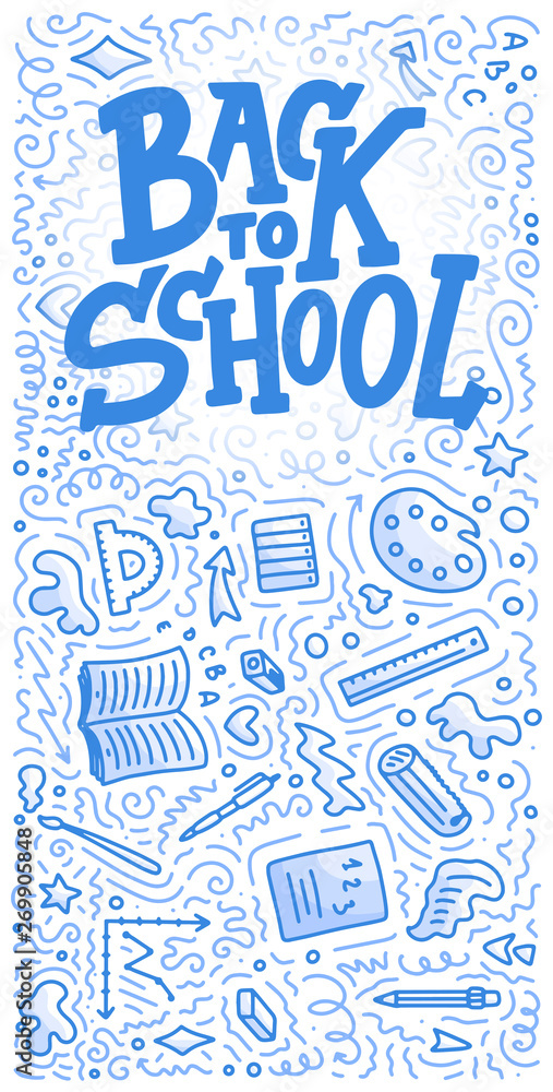Welcome back to school lettering quote and doodle background. Template for sale tag. Hand drawn badge. Education concept. Typography emblem. Vector