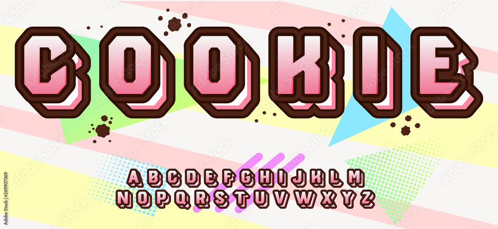 Cookie. 3D cookie stylized font. Unusual font for stickers, posters or print on clothes.