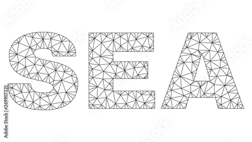 Mesh vector SEA text. Abstract lines and points are organized into SEA black carcass symbols. Linear carcass 2D triangular mesh in vector EPS format.