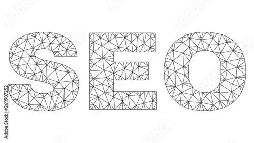 Mesh vector SEO text. Abstract lines and circle dots form SEO black carcass symbols. Linear carcass 2D triangular mesh in vector format.