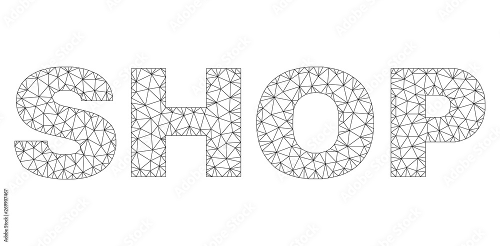 Mesh vector SHOP text. Abstract lines and spheric points are organized into SHOP black carcass symbols. Wire frame flat triangular mesh in vector format. Mesh vector SHOP text. Abstract lines and spheric points are organized into SHOP black carcass symbols. Wire frame flat triangular mesh in vector format.