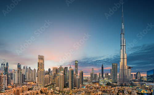 Niesamowity widok na futurystyczną panoramę Dubaju, centrum Dubaju, Zjednoczone Emiraty Arabskie