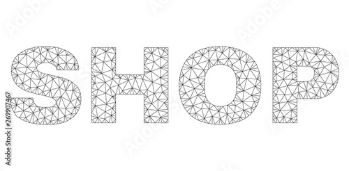 Mesh vector SHOP text. Abstract lines and spheric points are organized into SHOP black carcass symbols. Wire frame flat triangular mesh in vector format.