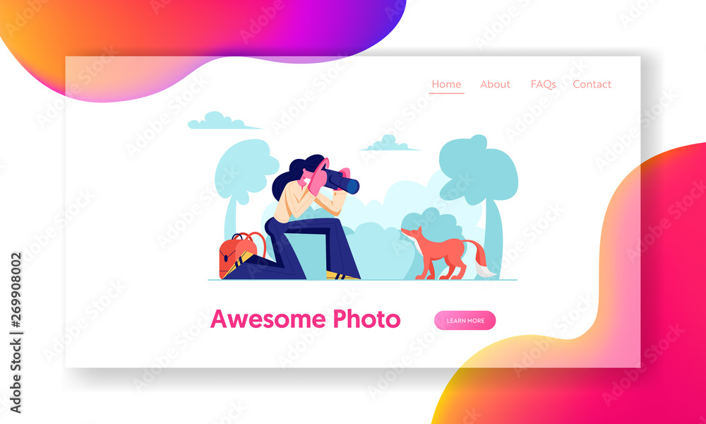 Woman Photographer Make Shot of Fox in Forest, Rest on Nature, Outdoor Activity, Girl Relaxing in Countryside, Leisure, Hobby. Website Landing Page, Web Page. Cartoon Flat Vector Illustration, Banner Woman Photographer Make Shot of Fox in Forest, Rest on Nature, Outdoor Activity, Girl Relaxing in Countryside, Leisure, Hobby. Website Landing Page, Web Page. Cartoon Flat Vector Illustration, Banner