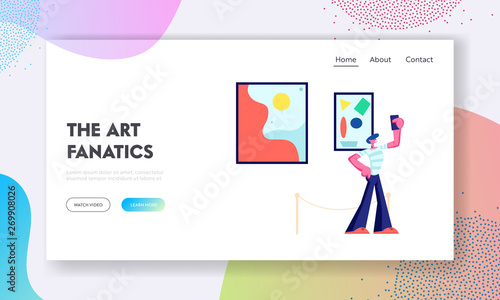 Museum Visitor Make Selfie on Exhibition Background with Modern Abstract Paintings Hanging on Wall at Contemporary Art Gallery. Website Landing Page, Web Page. Cartoon Flat Vector Illustration, Banner