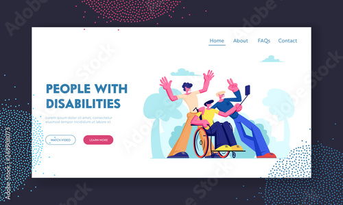 Man with Physical Disorder Sit in Wheelchair with Friends Around, Group of Mates Making Selfie Outdoors. Friendship, Relations, Website Landing Page, Web Page. Cartoon Flat Vector Illustration, Banner
