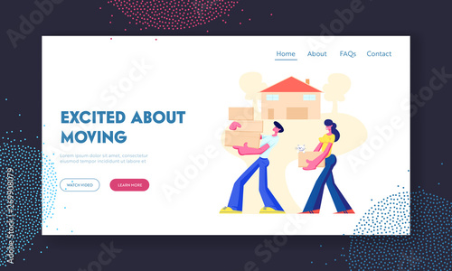 Happy Family Moving into New House. Man and Woman Carry Cardboard Boxes, Bringing Things and Pet at Home. People Buy Apartments Website Landing Page, Web Page. Cartoon Flat Vector Illustration, Banner