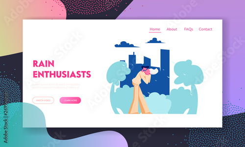 Man Blowing Nose in Handkerchief Walking on Street in Bad Rainy Weather on Cityscape Background. Seasonal Storm, Spring, Autumn Website Landing Page, Web Page. Cartoon Flat Vector Illustration, Banner