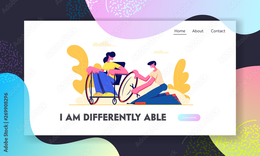 Man Repair Wheel on Wheelchair where Sitting Young Disabled Woman. Love, Family, Human Relations, Disability, Invalid Helping. Website Landing Page, Web Page. Cartoon Flat Vector Illustration, Banner