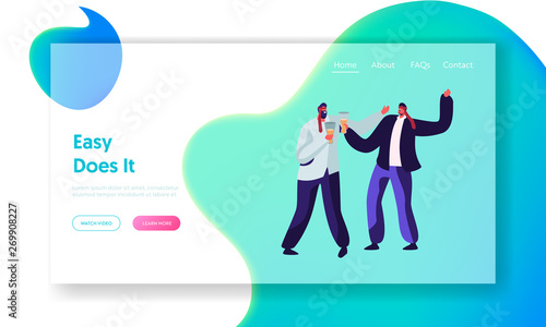 Drunken Men, Friends, Coworkers with Ties on Head Holding Beer Glasses in Hand Celebrating Event or Relaxing in Club, Addiction Website Landing Page, Web Page. Cartoon Flat Vector Illustration, Banner